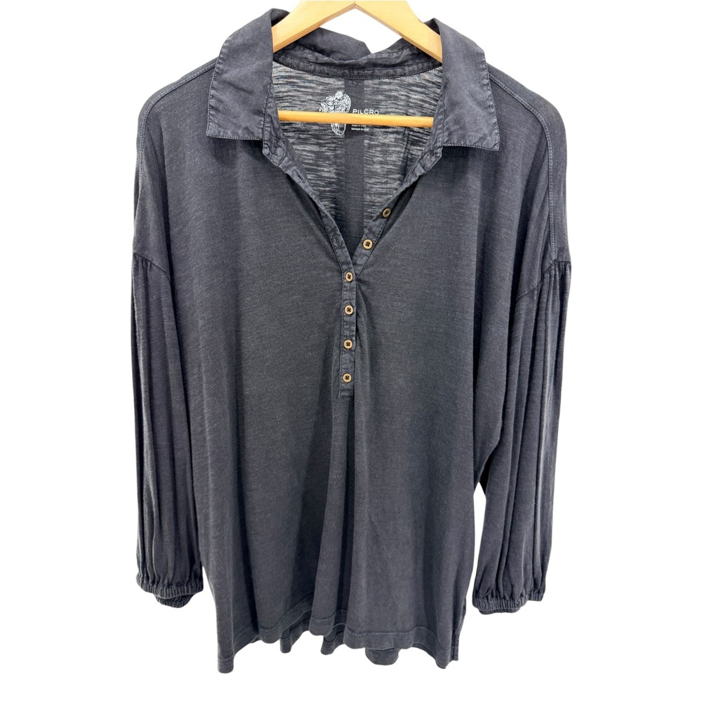 Anthropologie Pilcro Balloon Sleeve Henley Top L Washed Black Slub Cotton Boho